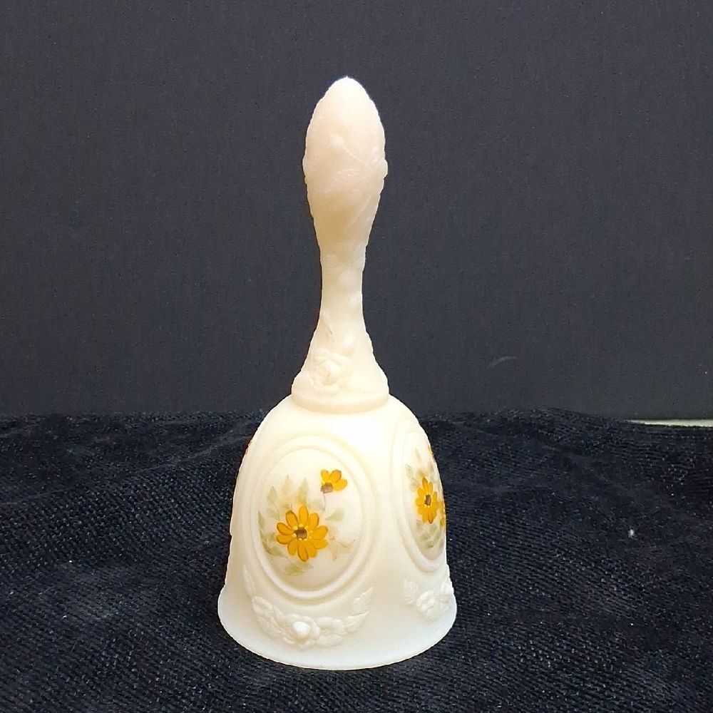 Vintage Fenton Satin Floral Custard Glass Hand Painted Signed Bell.